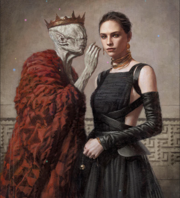 A skeletal adviser leaning in to speak to a glamorous woman