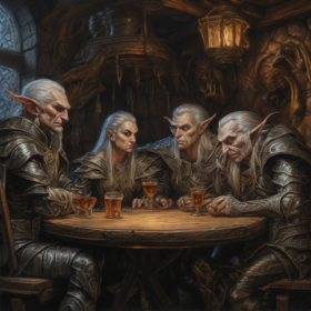 Family of sinister borderland elves sit sullenly at a table in their tavern