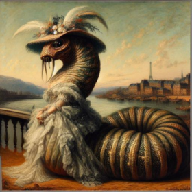 Snail snake creature wearing Belle Époque finery by the Seine