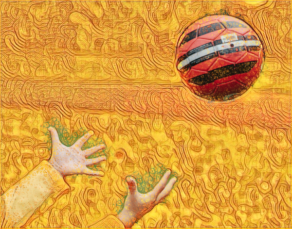 Ball in air, hands upraised to take it