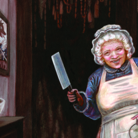 Old lady in alternate 1940s France brandishes meat cleaver