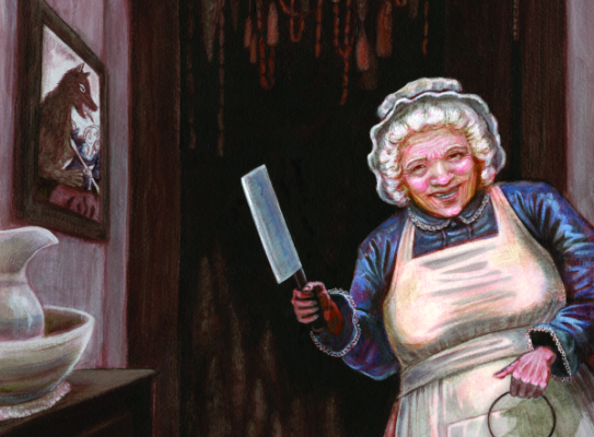 Old lady in alternate 1940s France brandishes meat cleaver