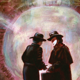 shadowy figures conversing in tunnel