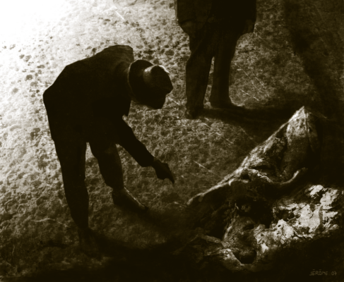 investigators peering at a clue